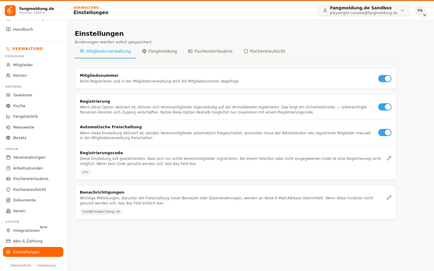 Verein, Abo und Einstellungen.